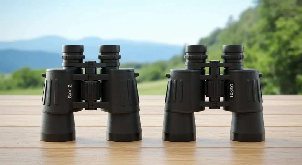 Side-by-side comparison of 8x42 and 10x50 binoculars